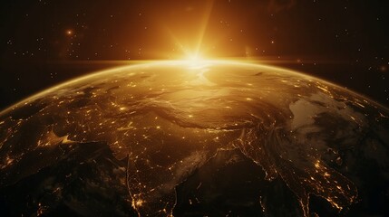 A 3D view of Earth and the Sun in space with stars, galaxies, and clouds in the background, Ai generate