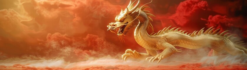 Fototapeta premium Enthralling golden dragon emerging from a mystical red fog, symbolizing power, wisdom, and the supernatural