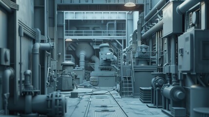 Industrial factory interior machinery, pipes, equipment, showcasing advanced well-equipped facility.