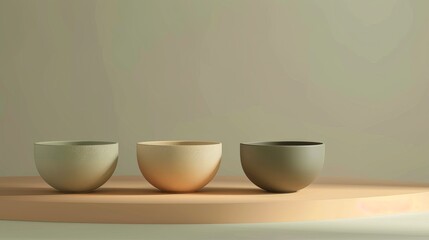 Minimalist ceramic bowls in neutral tones arranged on a wooden surface, perfect for modern kitchen or dining room decor.