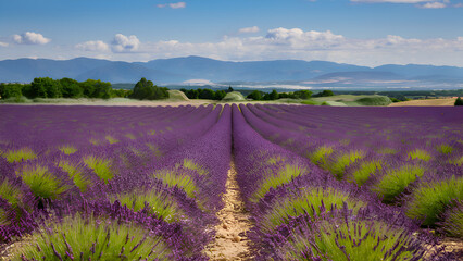 Obraz premium Blooming Lavender Field Stretching Into the Horizon, Serene Landscape Perfect for Tranquility and Nature Lovers