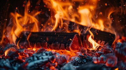Close-up of burning firewood with glowing embers and flames. Photo of fireplace with warm light and smoke.