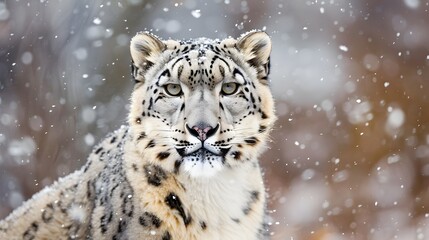 Fototapeta premium Captivating Snow Leopard Gazing Intensely in Snowy Forest Landscape