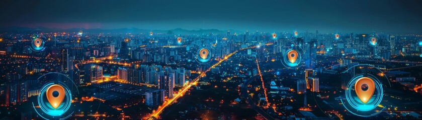 Fototapeta premium Futuristic urban navigation concept, a stylized cityscape with glowing location pins, emphasizing hightech mapping