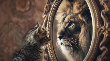 Curious Kitten Gazes Into Luxurious Mirror Seeing Reflection of Majestic Lion