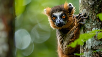 Fototapeta premium Curious Lemur Peeking from Tree Branch in Lush Green Forest