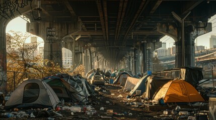 Naklejka premium Homeless encampment under a city bridge, with tents and makeshift shelters