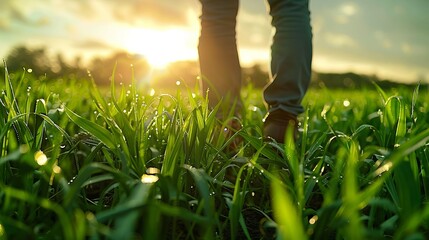 Low angle view of someone walking through tall grass at sunset.  The sun is shining in the background.  The image conveys a sense of peace and tranquility.