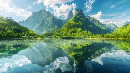 Fototapeta premium Majestic Mountain Landscape Reflected in Pristine Alpine Lake