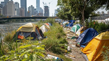 Homeless encampment along a city riverbank, with tents and makeshift shelters