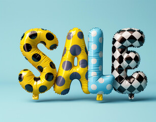 The word "SALE" made of inflatable balloons, the letters in black and white checkered pattern, yellow grid, blue background with colorful dots, 3D typography design