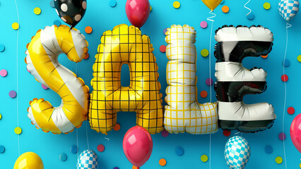 The word "SALE" made of inflatable balloons, the letters in black and white checkered pattern, yellow grid, blue background with colorful dots, 3D typography design