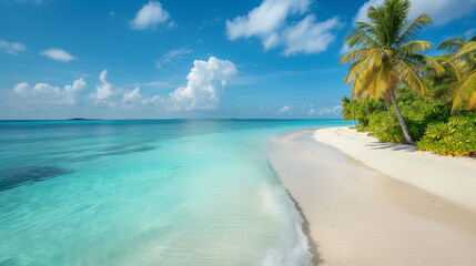Beautiful beach with white sand, palm trees, turquoise ocean against blue sky with clouds on sunny summer day