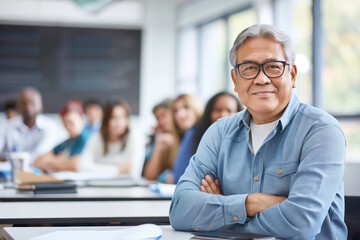 Asian senior man in classroom setting with diverse students. Concept for lifelong learning and education
