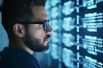 Computer, code and programming with the face of a man programmer working on a mainframe or database. Coder, technology and server with a male it support professional at work in a data center