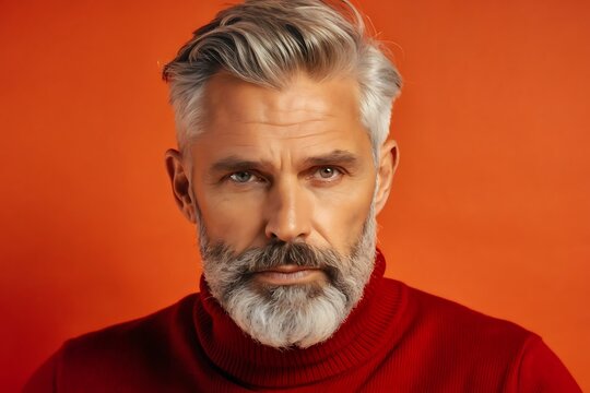 Serious-looking man with naturally silver hair and a neatly trimmed beard, wearing a black turtleneck