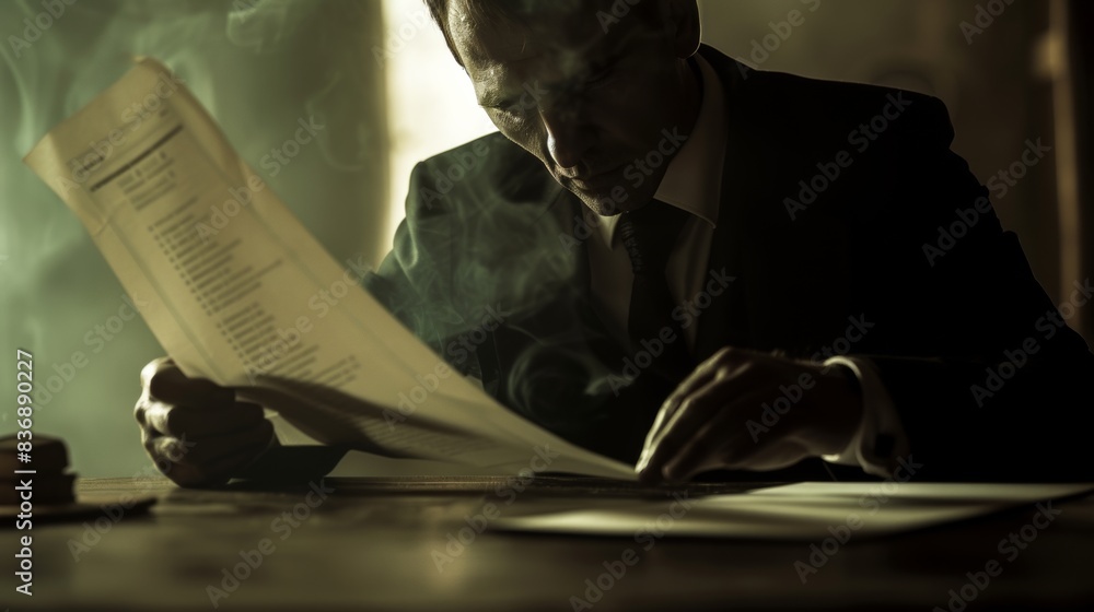 Wall mural a man in a suit reading something on the table, ai