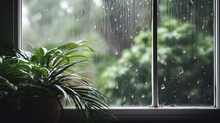 A cozy indoor scene with a houseplant and a window showing rain droplets on the glass, offering a serene and calming ambiance.