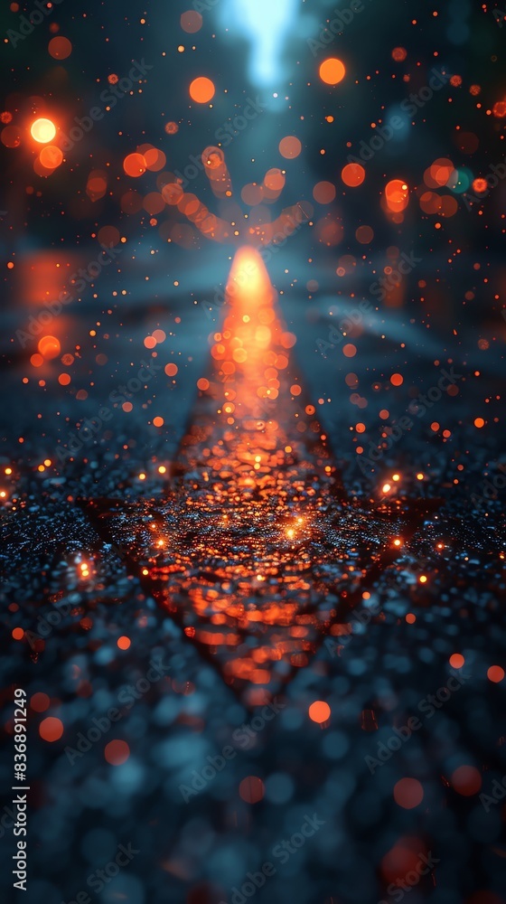 Poster abstract photo of bokeh lights reflecting on a wet road with a distinctive arrow marking, creating a
