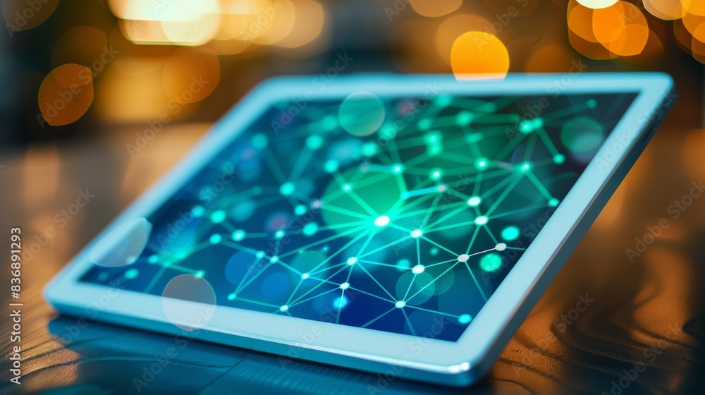 Aufkleber a tablet computer with a glowing network of dots on the screen, ai