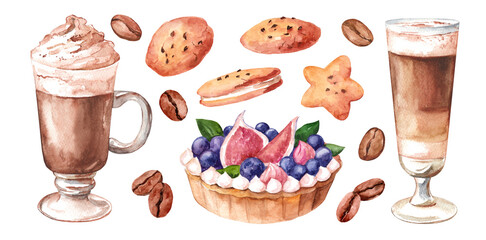 Watercolor collection of coffee and desserts. Set of illustrations with coffee beans, latte and cookies isolated on a white background. Drawings for decoration for cafe and menu design
