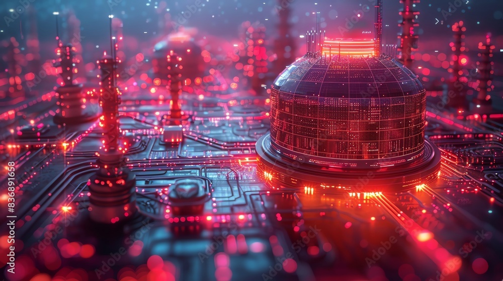 Poster futuristic cityscape with glowing red lights and advanced technology, depicting a digital metropolis