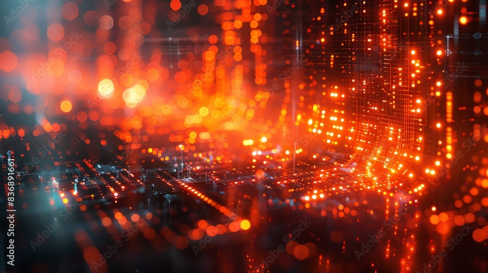 Poster futuristic digital landscape with glowing abstract data points and vibrant light effects representin