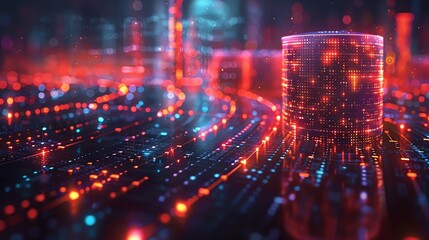 Obraz premium Futuristic digital data storage concept with glowing data streams and a server stack in a vibrant, high-tech setting.