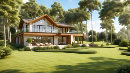 Cozy house with garage for sale with lots of grass on lawn, among forest trees