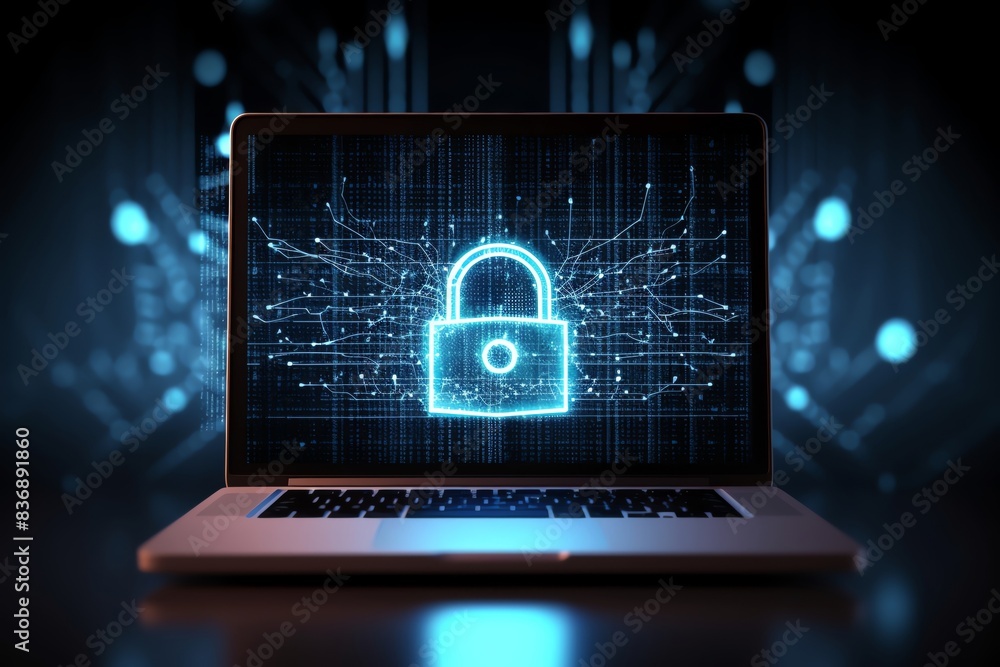 Poster a laptop displaying a glowing padlock icon representing cybersecurity. digital security concept with