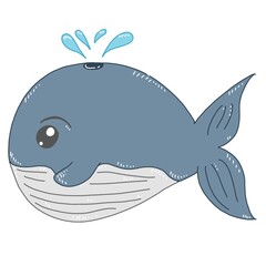 The cartoon whale was round in shape and dark blue in color with water squirting from the top.