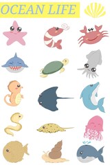 Fototapeta premium Set of cartoon overviews of various marine animals