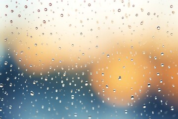 Raindrops on glass window with blurred city lights in the background, creating a calm and serene atmosphere.