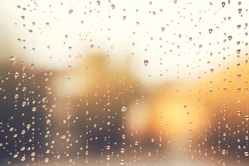 Fototapeta premium Close-up of raindrops on a window pane with a blurred colorful background, creating a calm and serene atmosphere.