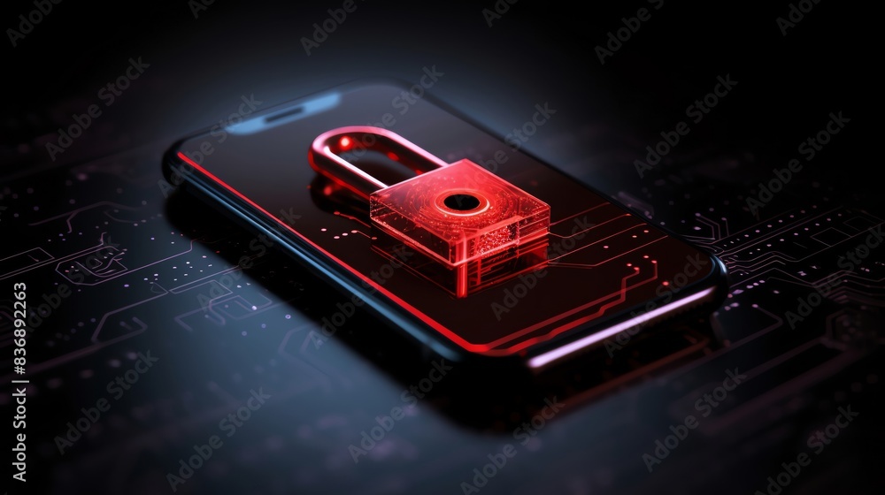 Poster secure smartphone with red digital padlock, symbolizing data protection and cybersecurity against cy