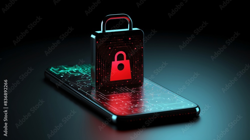 Poster digital security concept featuring a lock hologram over a smartphone, symbolizing mobile data protec