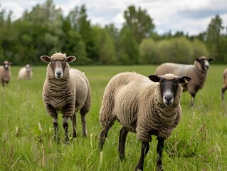 Obraz premium Free range Sheep Grazing in Pastoral Countryside Landscape