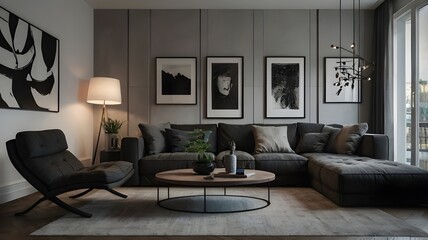 A modern minimalist livingroom with darkfurniture