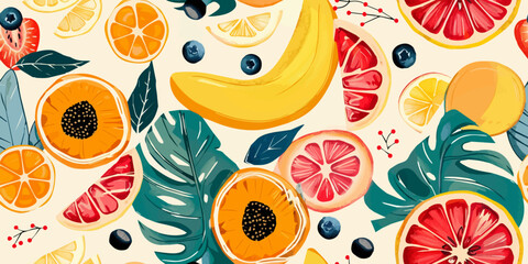 seamless pattern with juicy fruits and jungle leafs