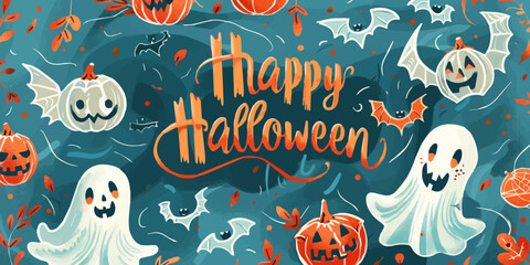 comical halloween background with ghosts, flying pumpkin, ghost bats