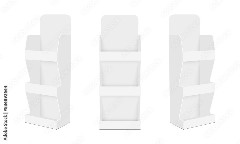 Poster set of display stands mockups with shelves, front and side view, isolated on white background. vecto