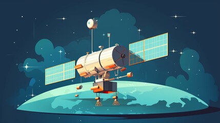 Obraz premium Illustration of a satellite orbiting Earth in space, showcasing modern technology and communication advancements.