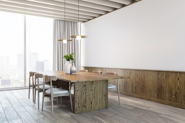 Modern dining room interior with wooden furniture, large windows, and cityscape view, concept of home design. 3D Rendering