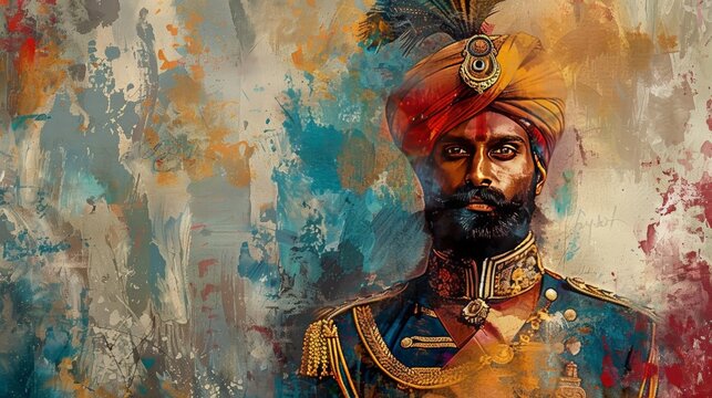Indian soldier, whimsical vintage style, fauvist colors, illustration, proud and dignified with historical uniform
