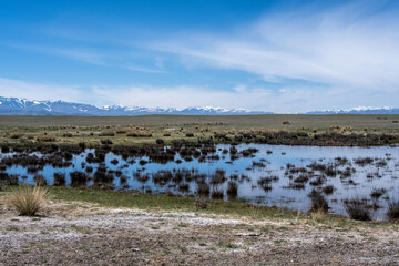 andscape of the surroundings of the village of Kosh Agach mountains with lakes and unusual landscapes in the southern regions of Altai in May