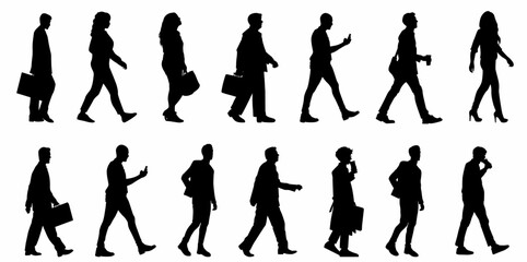 Silhouette of business people walking with hand bags, men and women in full length and side view. Vector silhouette illustration isolated of businesspeople on white background