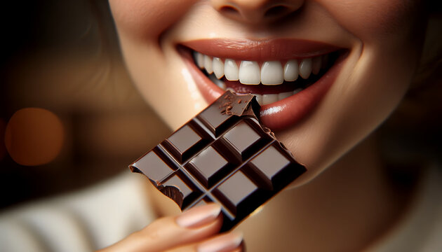 Une femme croque dans une barre de chocolat