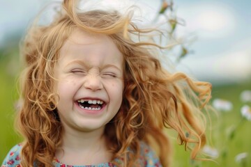 Young girl with wild, carefree, and genuine laughter enjoying the bright, sunny outdoors, expressing the innocence and joy of childhood in the natural, vibrant summer sunlight