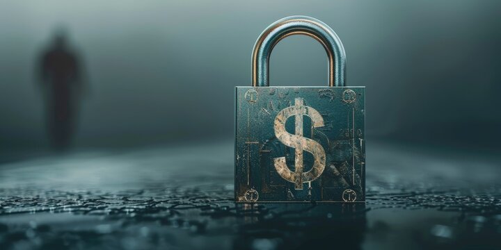 Cadenas m&eacute;tallique avec symbole dollar et figure floue en arri&egrave;re-plan