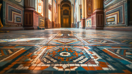Obraz premium Beautiful mosaic floor in a historic building, showcasing detailed patterns and vibrant colors, with architectural elements in the background